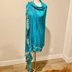 Vintage Teal Blue Hand Beaded Dupatta Scarf Shawl South Asian Embroidery 82"x38"